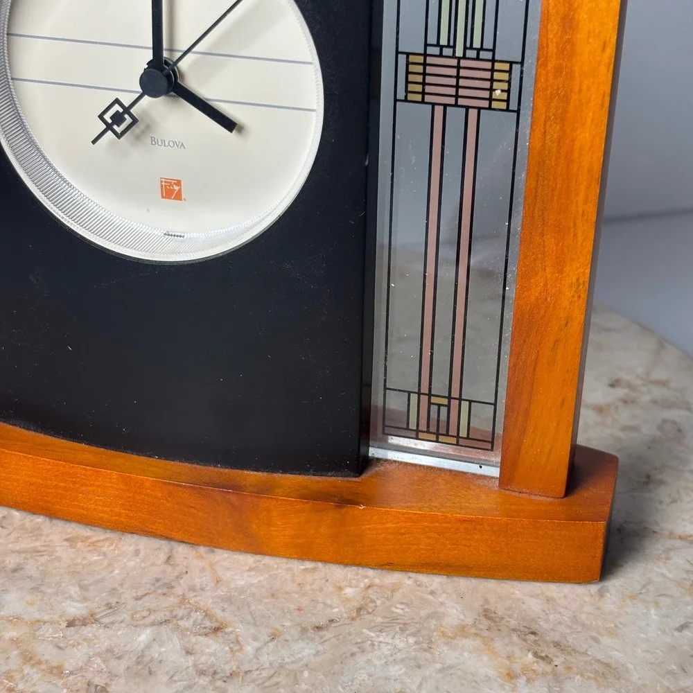 Bulova Frank Lloyd Wright Exhibition Table Clock Brown Wood Glass Mission FLAW